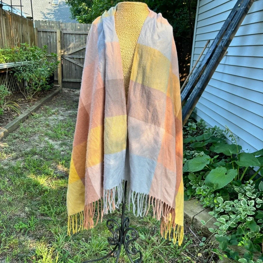 Oversized Plaid‎ Blanket Scarf Wrap Shawl Fringed Yellow Peach Grey